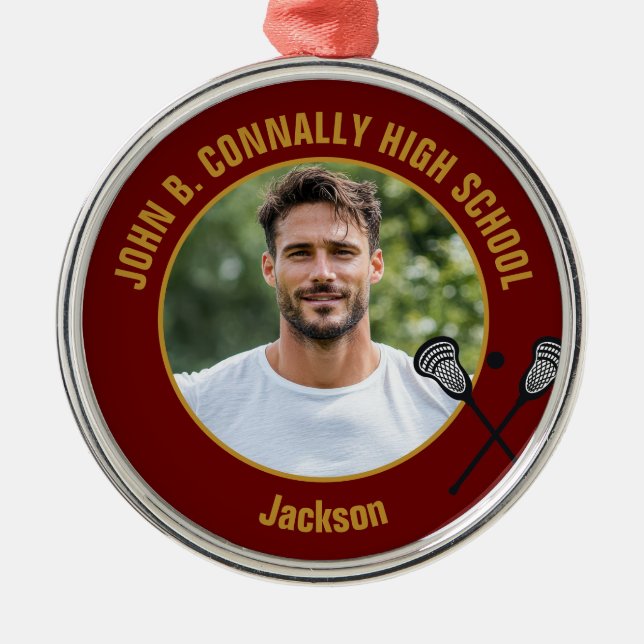 Maroon Lacrosse Player Photo High School Christmas Metal Tree Decoration (Front)