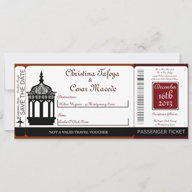 Maroon Lantern Boarding Pass Wedding Invitation (Front)