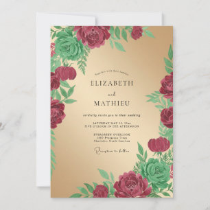 Maroon Leafy Champagne Wedding Invitation