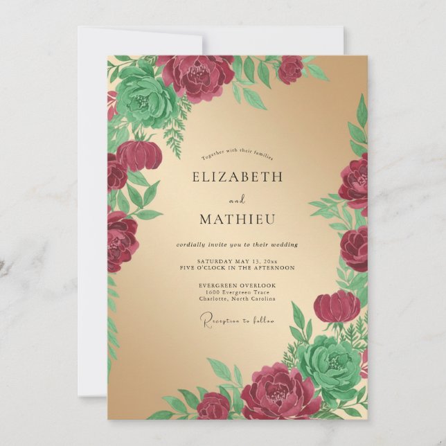Maroon Leafy Champagne Wedding Invitation (Front)