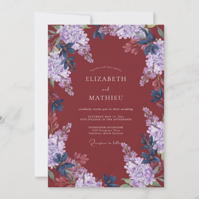 Maroon Lilac Vine Wedding Invitation (Front)