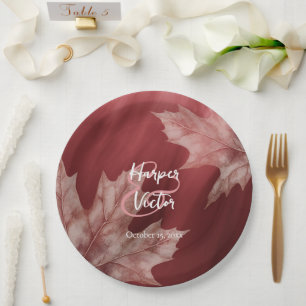 maroon maple leaves fall wedding paper plate