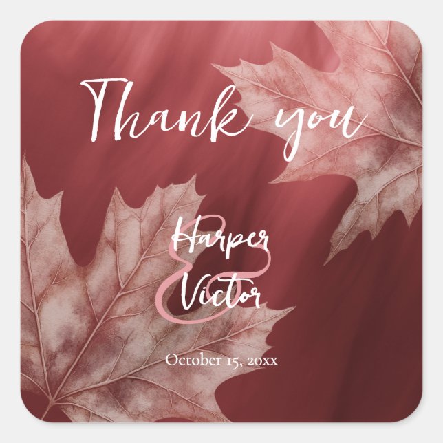 maroon maple leaves fall wedding square sticker (Front)