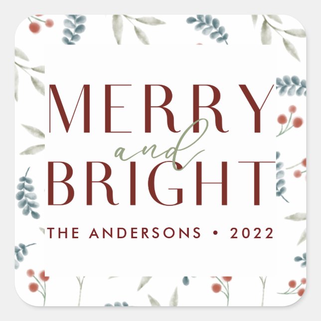 Maroon Merry Bright Christmas Botanical Family Square Sticker (Front)