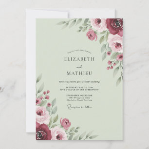 Maroon Mint Foliage Eucalyptus Wedding Invitation