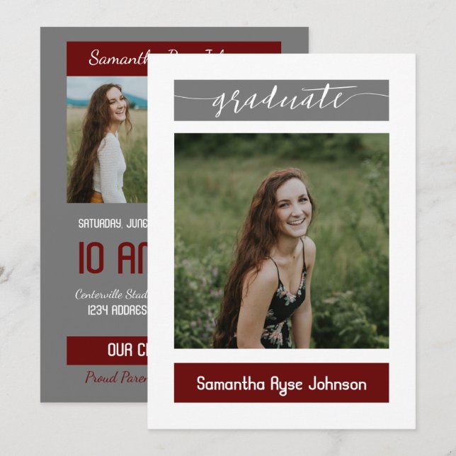 Maroon Modern Block 3-Photo Graduation Invitation (Front/Back)