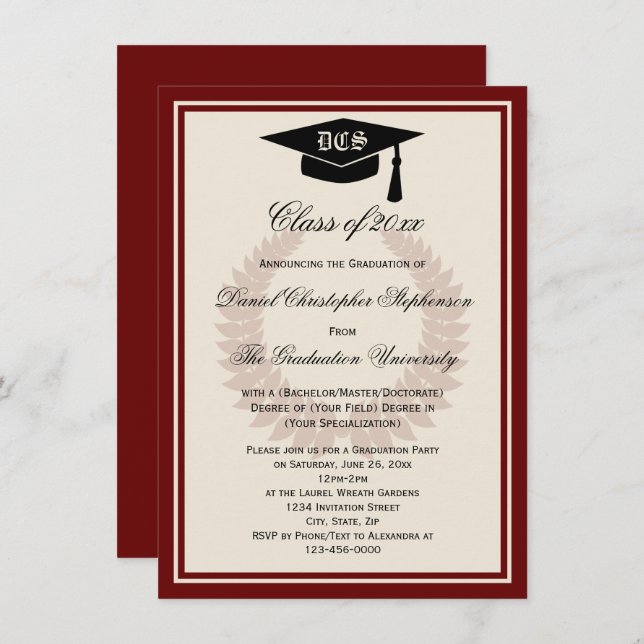 Maroon Monogram Laurel Classic College Graduation Invitation (Front/Back)