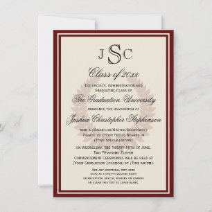 Maroon Monogram Laurel Classic College Graduation Invitation