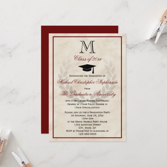 Maroon Monogram Wreath Classic College Graduation Invitation (Front/Back In Situ)