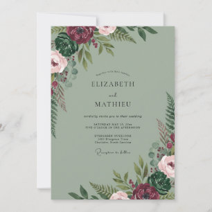 Maroon Moss Peony Wedding Invitation