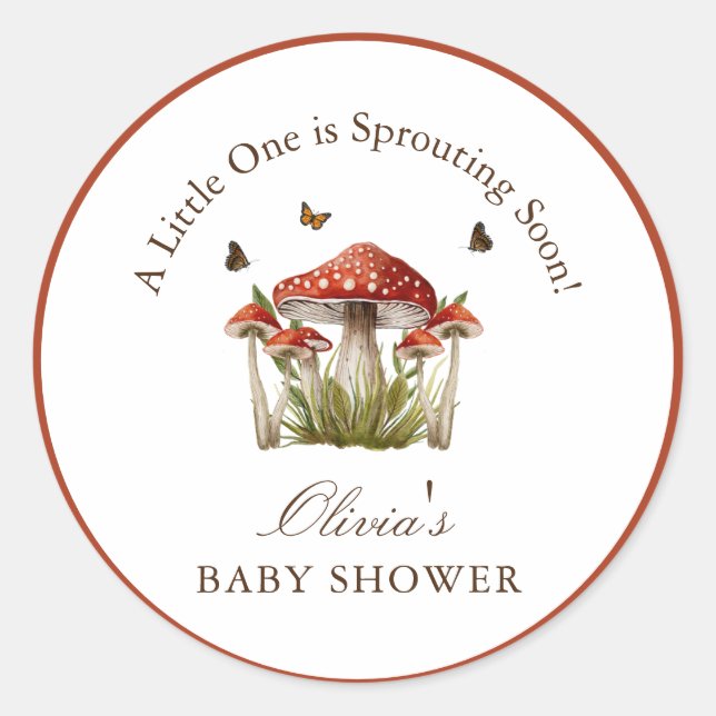 Maroon Mushroom Butterfly Theme Baby Shower Mailer Classic Round Sticker (Front)