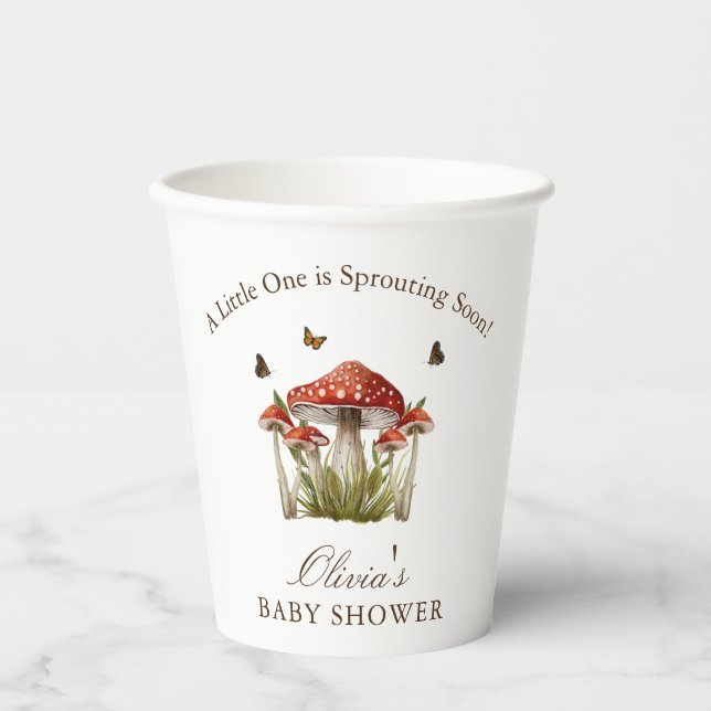 Maroon Mushroom Butterfly Theme Baby Shower Paper Cups (Front)