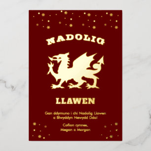 Maroon Nadolig Llawen Welsh Themed Merry Christmas Foil Holiday Card