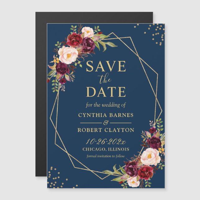 Maroon Navy Floral Geometric Save the Date Magnet (Front/Back)