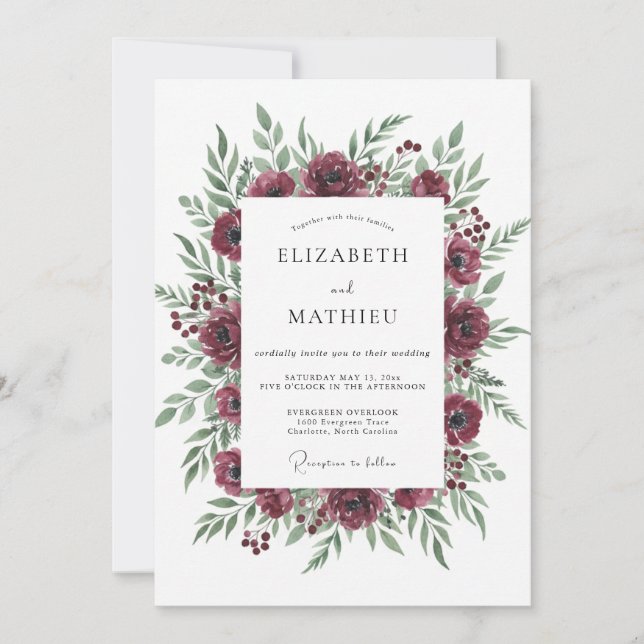 Maroon Olive Peony Wedding Invitation (Front)