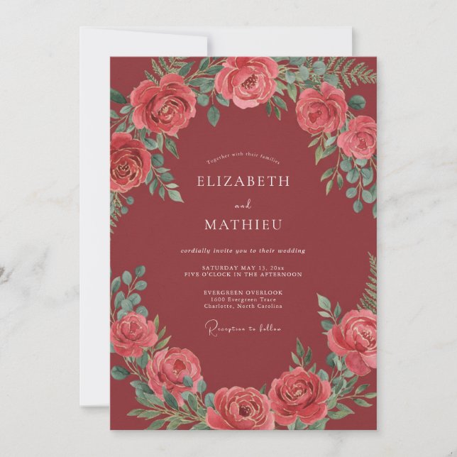 Maroon Opulent Rose Wedding Invitation (Front)