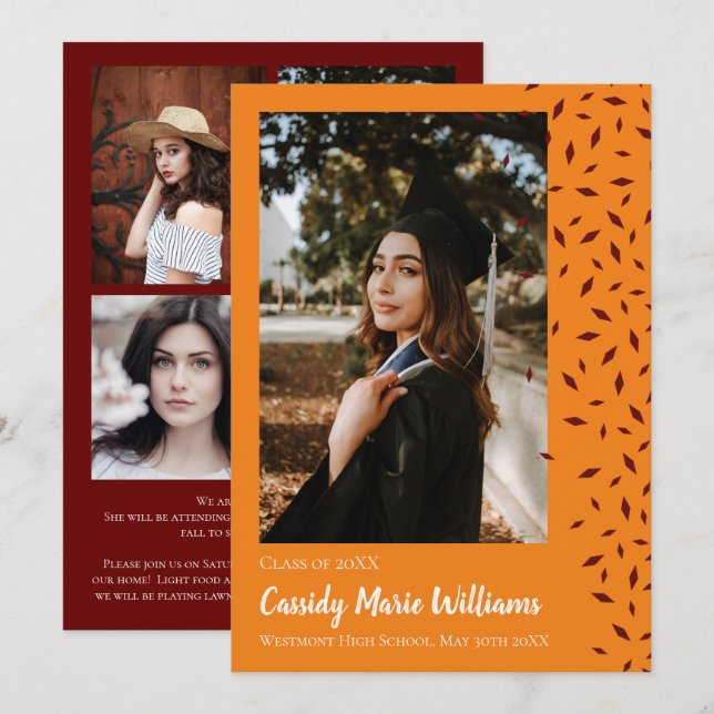 Maroon Orange Confetti Graduation Announcement (Front/Back)