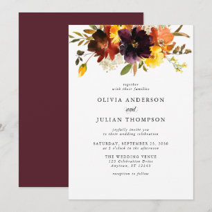 Maroon & Orange Fall Floral Watercolor Wedding Inv Invitation