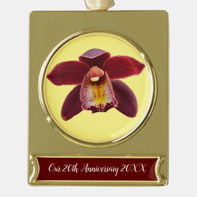 Maroon Orchids I Beautiful Red Floral Gold Plated Banner Ornament (Front)
