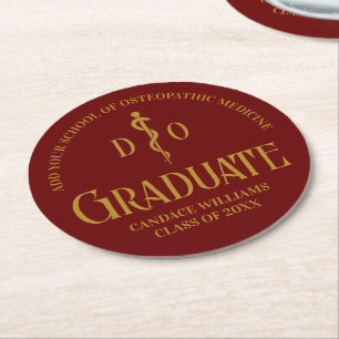 Maroon Osteopathic Medical School Graduation Party Round Paper Coaster