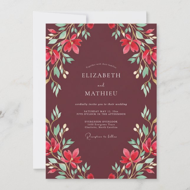Maroon Painted Leaf Wedding Invitation (Front)