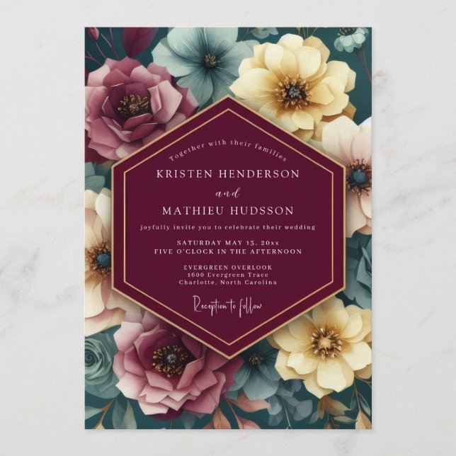 Maroon Painterly Floral Wedding Invitation (Front)