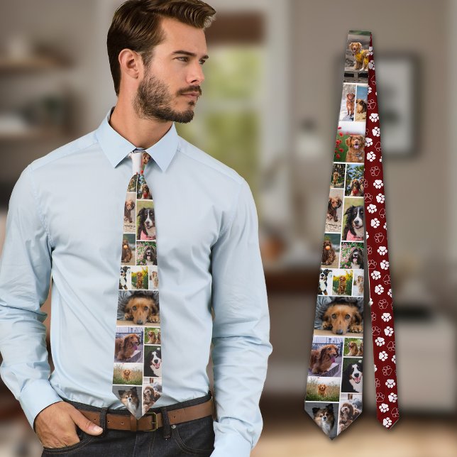 Maroon Paw Print Pattern Dog Photo Collage Tie (Creator Uploaded)