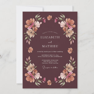 Maroon Peach Watercolor Floral Wedding Invitation
