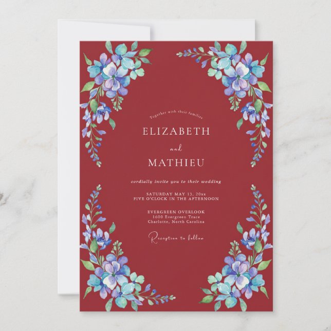 Maroon Periwinkle Painted Wedding Invitation (Front)