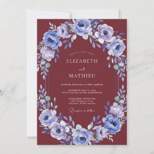 Maroon Periwinkle Watercolor Wedding Invitation