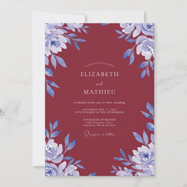 Maroon Periwinkle Wildflower Wedding Invitation (Front)
