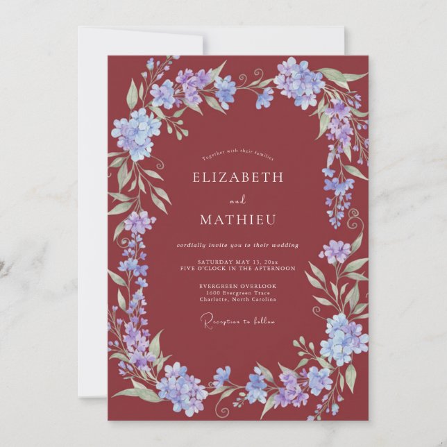 Maroon Periwinkle Wreath Wedding Invitation (Front)