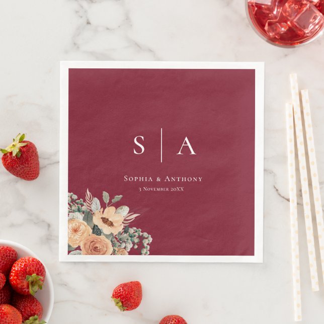 Maroon Personalised Initial Wedding Napkins (Insitu)