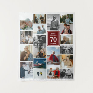 Maroon Photo Collage Happy Birthday Name & Age Tapestry