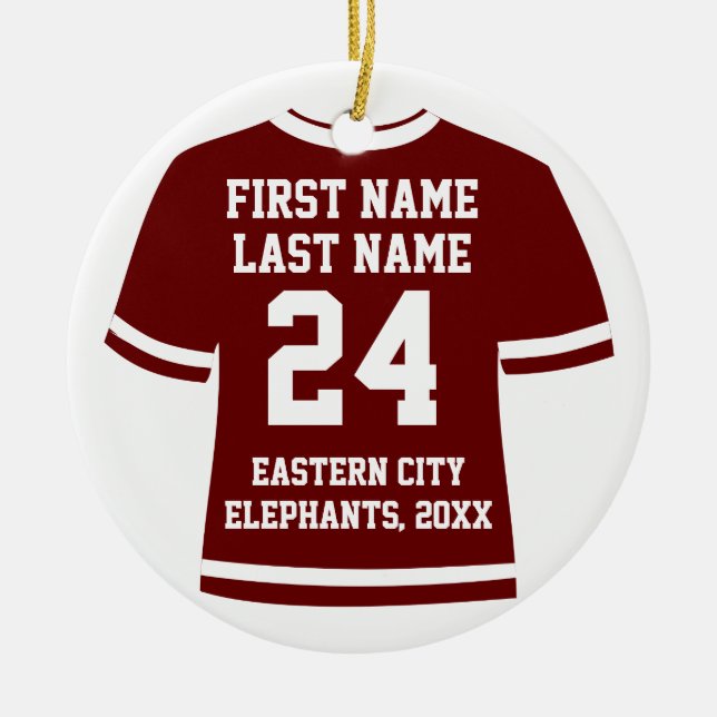 Maroon Photo Football Soccer Hockey Sports Jersey Ceramic Tree Decoration (Front)