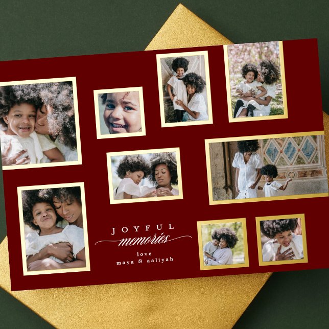 Maroon Photo Frames Collage Modern Joyful Moments Foil Holiday Card (Creator Uploaded)