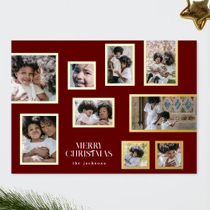 Maroon Photo Frames Collage Modern Merry Christmas Foil Holiday Card