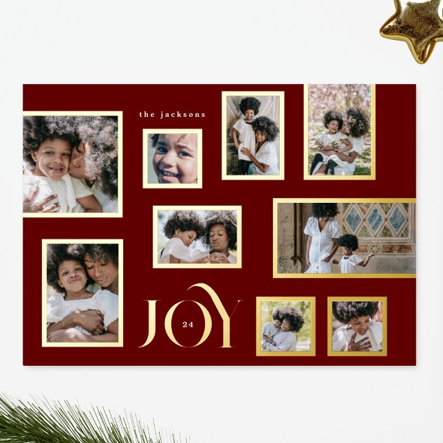Maroon Photo GOLD Frames Collage Modern JOY Foil Holiday Card (Creator Uploaded)