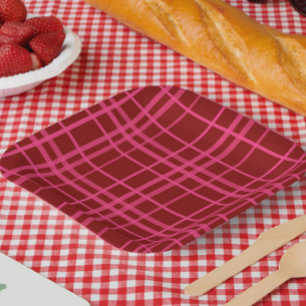 Maroon Pink Check Grid Plaid Design Paper Plate