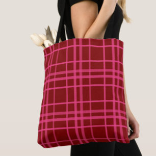 Maroon Pink Check Grid Plaid Design Tote Bag