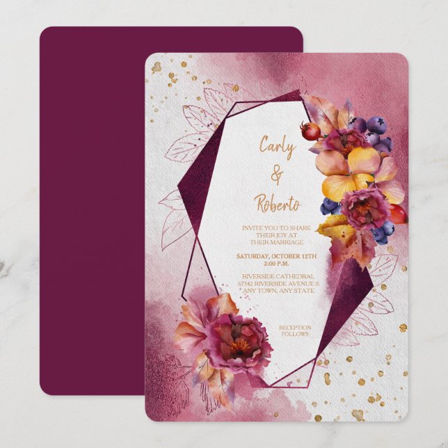 Maroon Pink Floral Modern Geometric Frame Wedding Invitation (Front/Back)