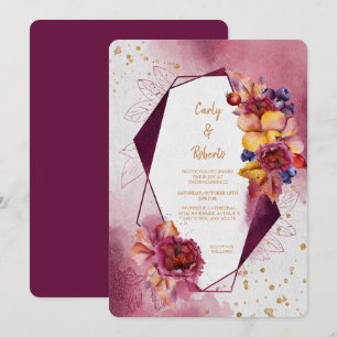 Maroon Pink Floral Modern Geometric Frame Wedding Invitation