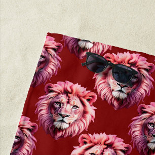 Maroon Pink Lion Head Design Beach Towel