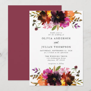 Maroon Pink Orange Fall Floral Watercolor Wedding Invitation