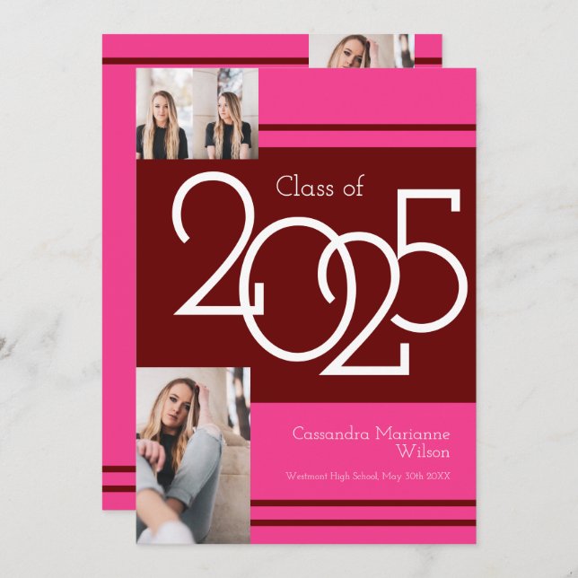 Maroon Pink School Colours Graduation Announcement (Front/Back)