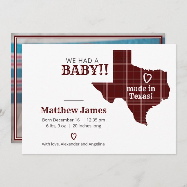 Maroon Plaid Made In Texas Horizontal Photo Announcement (Front/Back)