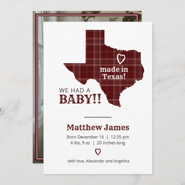 Maroon Plaid Made In Texas Vertical Photo Announcement (Front/Back)