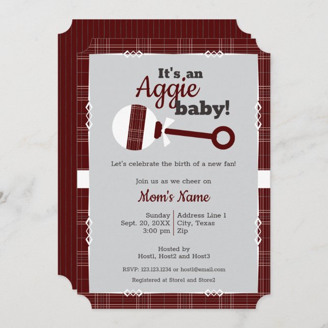 Maroon Plaid Rattle Aggie Baby Shower Invitation (Front/Back)
