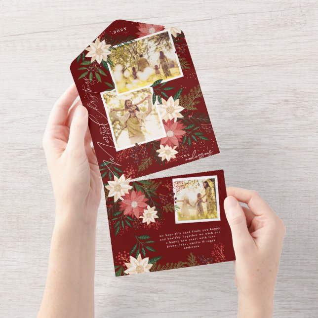 Maroon Poinsettia Photo Collage Merry Christmas All In One Invitation (Tearaway)