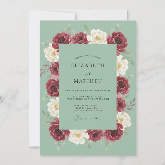 Maroon Ranunculus Seafoam Eucalyptus Wedding Invitation (Front)